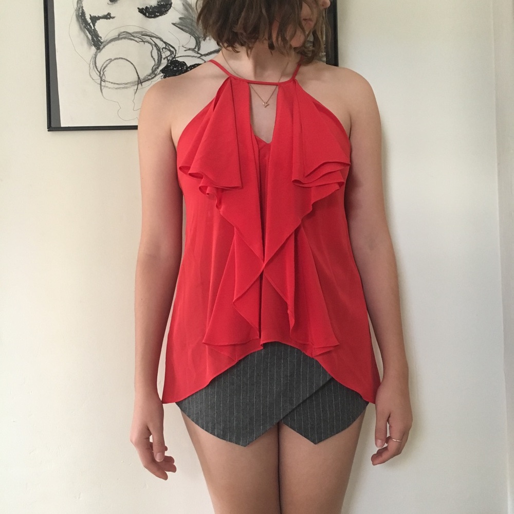 BCBG Max Azria Red Ruffle Sleeveless Keyhole Top